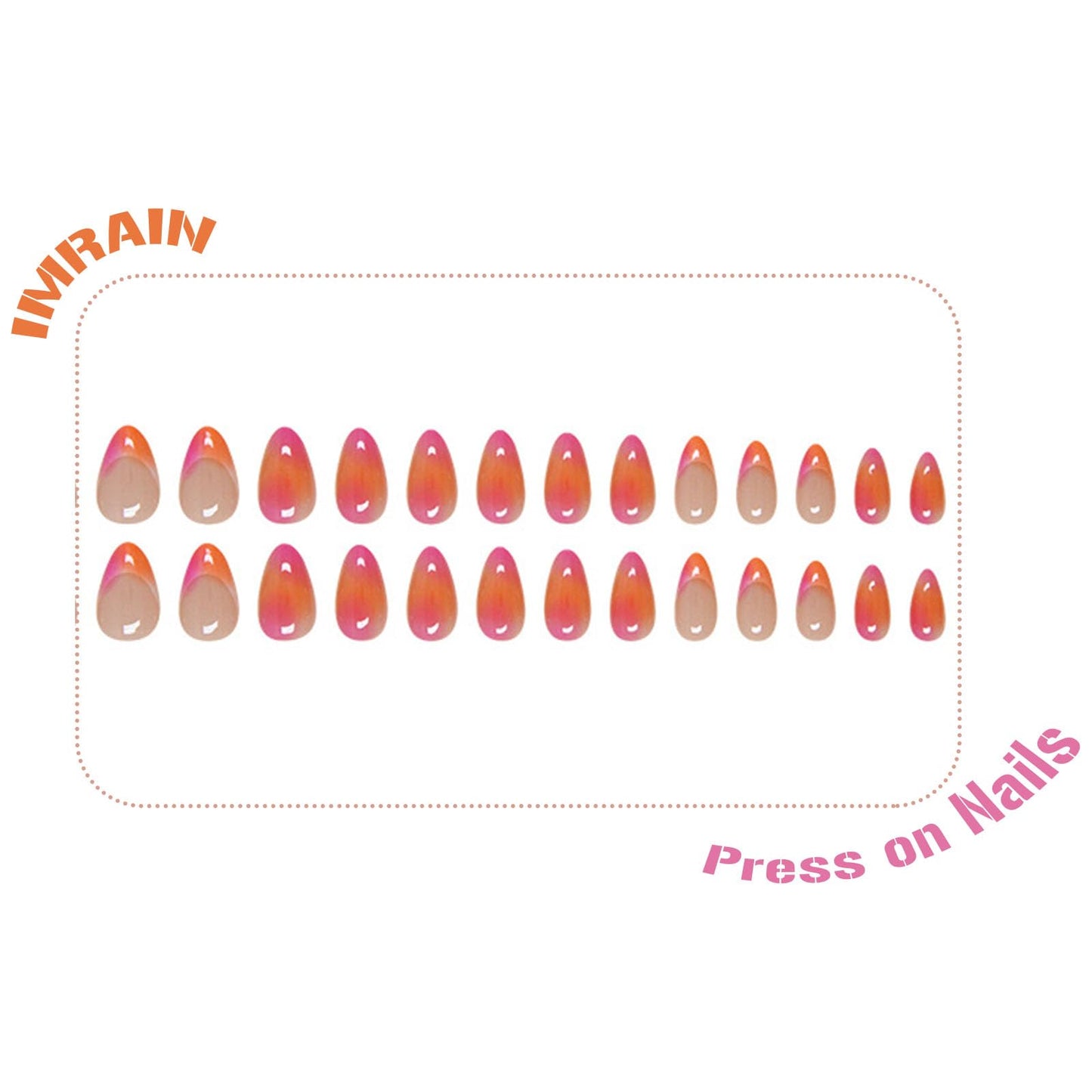 IMRAIN Press on Nails Medium Almond Fake Nails Orange Pink Ombre French Tips False Nails Gradient Glossy Full Cover Oval Stick on Artificial Nails