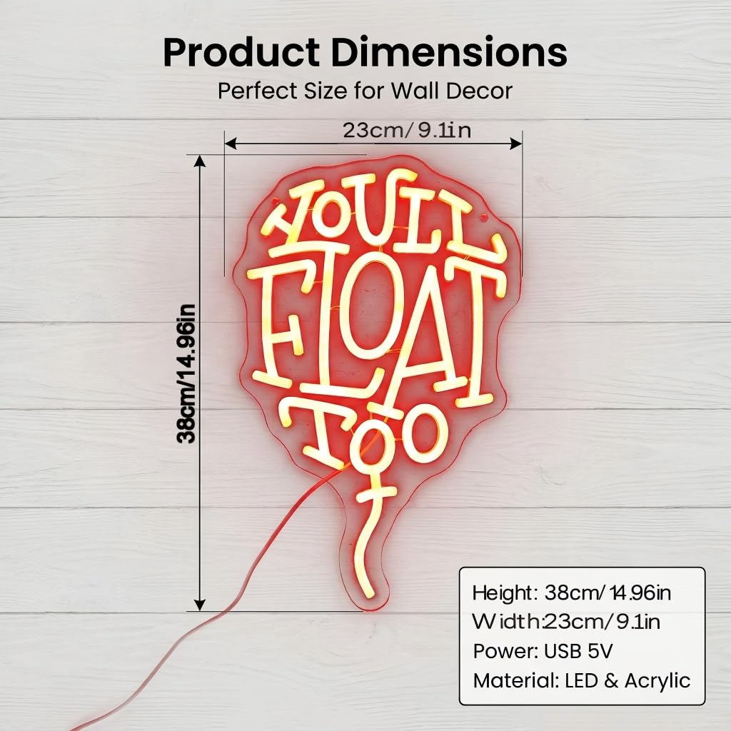 You'll Float Too Neon Sign, Dimmable LED Wall Light, USB Powered Horror Movie Decor for Gothic Room, Creepy Clown Fans, Spooky Halloween Wall Art & Scary Gift