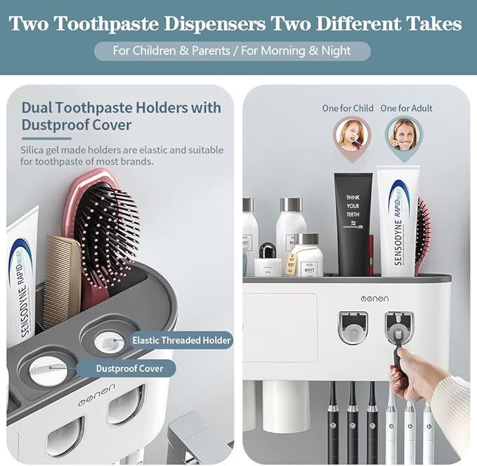 Toothbrush Holders Wall Mounted, Toothbrush Holder with Automatic Toothpaste Dispensers, 6 Brush Slots, 2 Magnetic Cups,1 Cosmetic Drawer Organizer and 1 Large Storage Tray