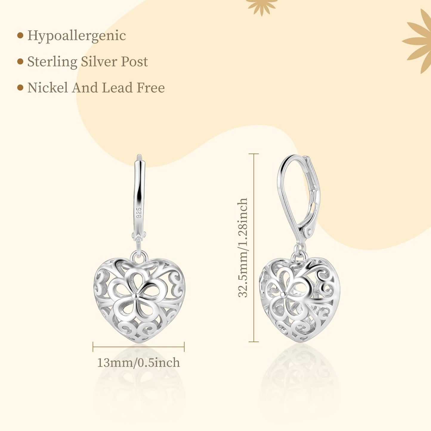 925 Sterling Silver Dangle Heart Earrings for Women Hypoallergenic Filigree Leverback Drop Earrings Jewelry Gifts