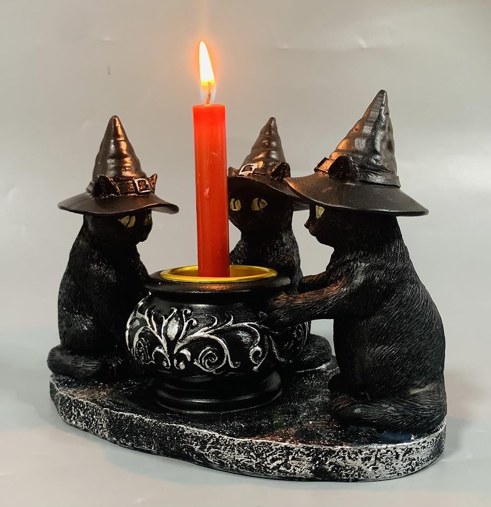 zhuja Black Cat Statue Decor Gothic Halloween Candle Holders Candlestick Decoration Wichy Figure Weird Jars Desk(Candle Holder)