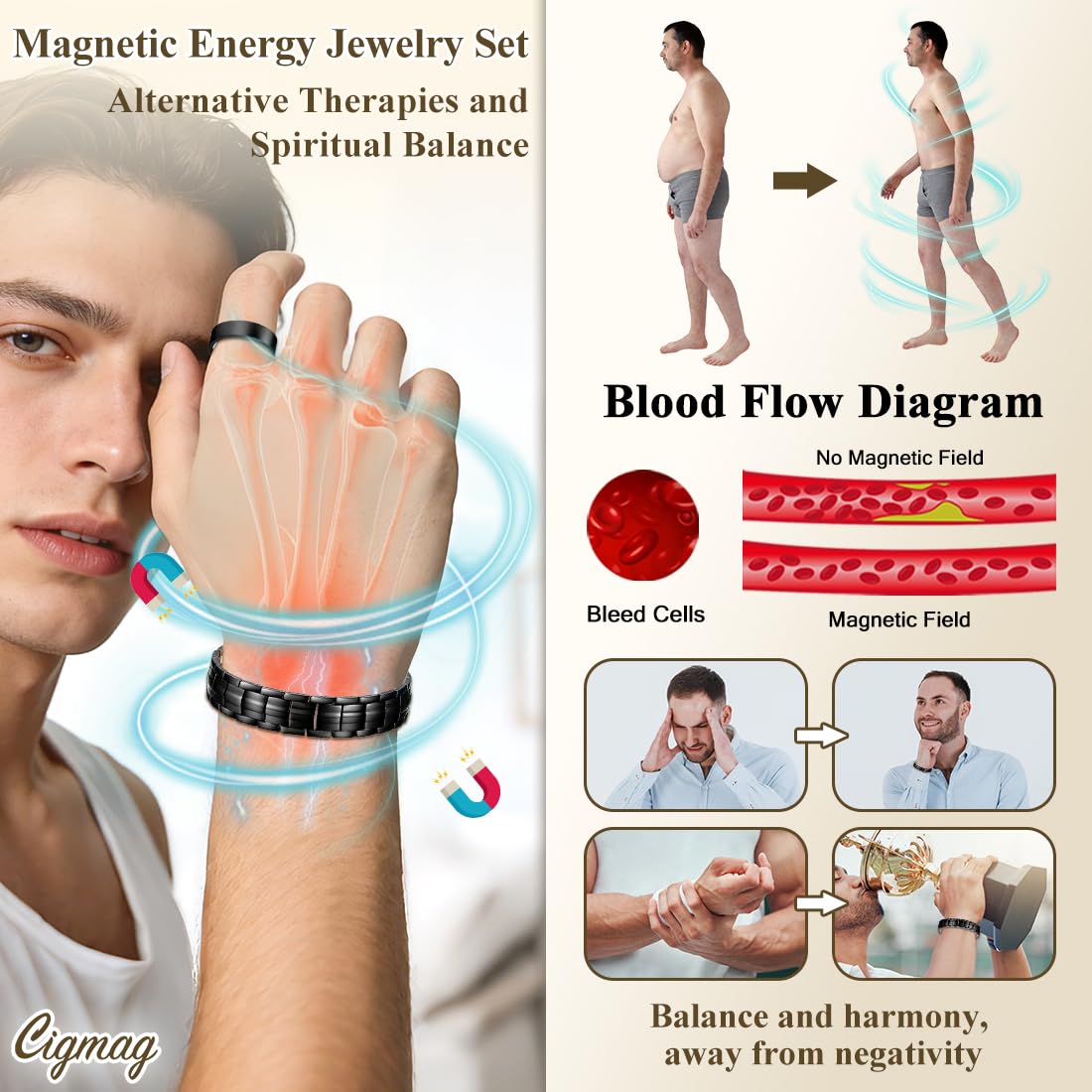 Cigmag Copper Bracelet for Men, Pure Copper Magnetic Bracelet & Ring Set with Strength 3800 Gauss Magnets, Adjustable with Sizing Tool (Double Row Black)
