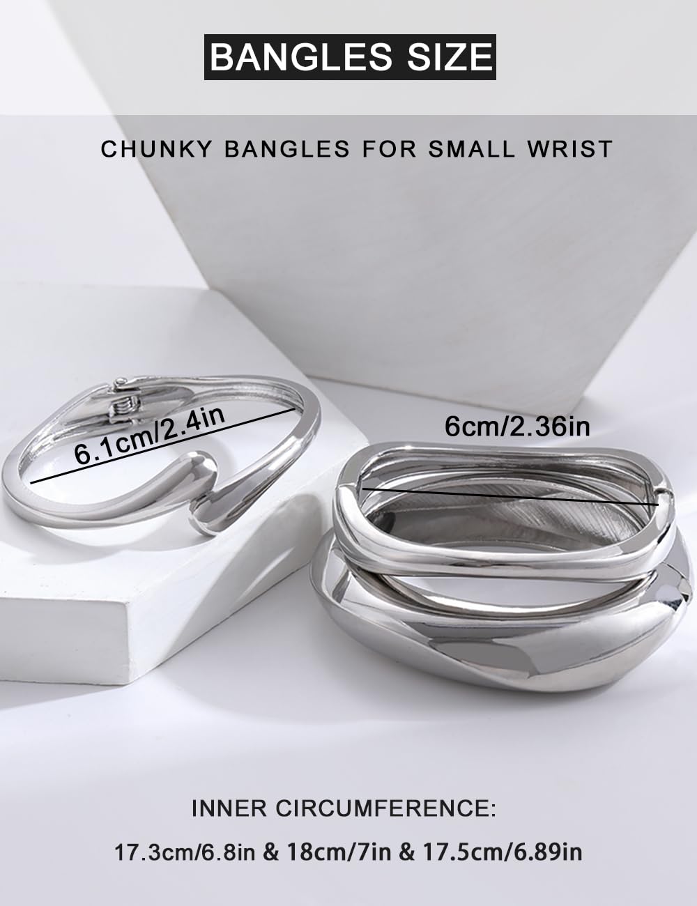 Chunky Silver Bangle Bracelets for Women, Dainty 14k Silver Plated Big Statement Bangles Set, Trendy Cuff Bracelet Stack Fashion Gift Ideas