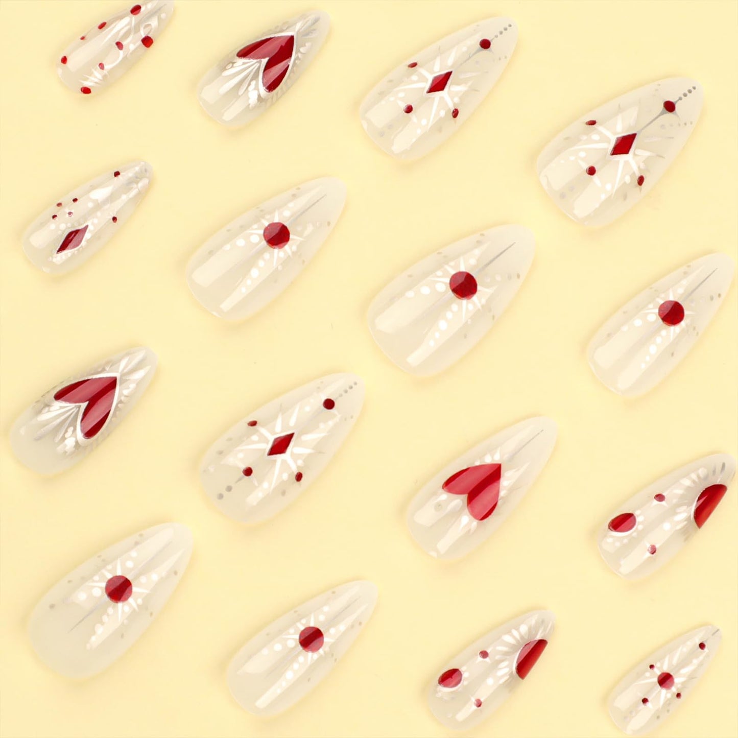 FJSMTOPl Valentines Day Press on Nails -Long Almond Fake Nails - Red Heart False Nails - with Design Gold Glue on Nail - Acrylic Stick on Nails Press ons - for Women Manicure 24Pcs