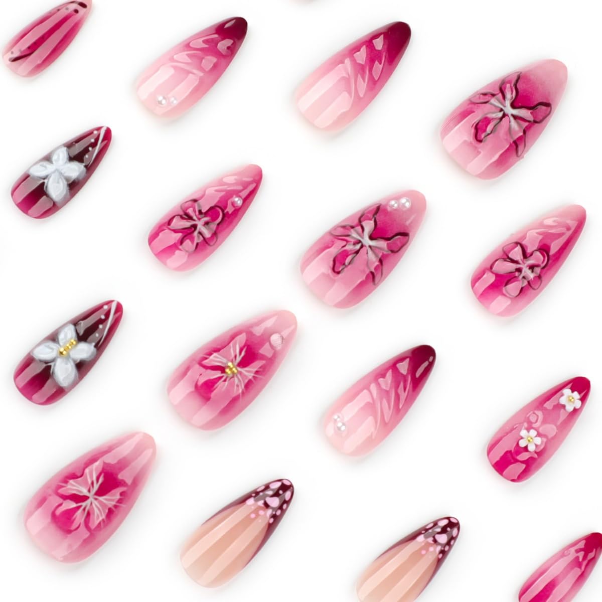 Flowers Press on Nails Medium Almond Fake Nails with Glue Pink Gradient Flower Butterfly Design Acrylic Nails for Women DIY Manicure Decoration 24PCS