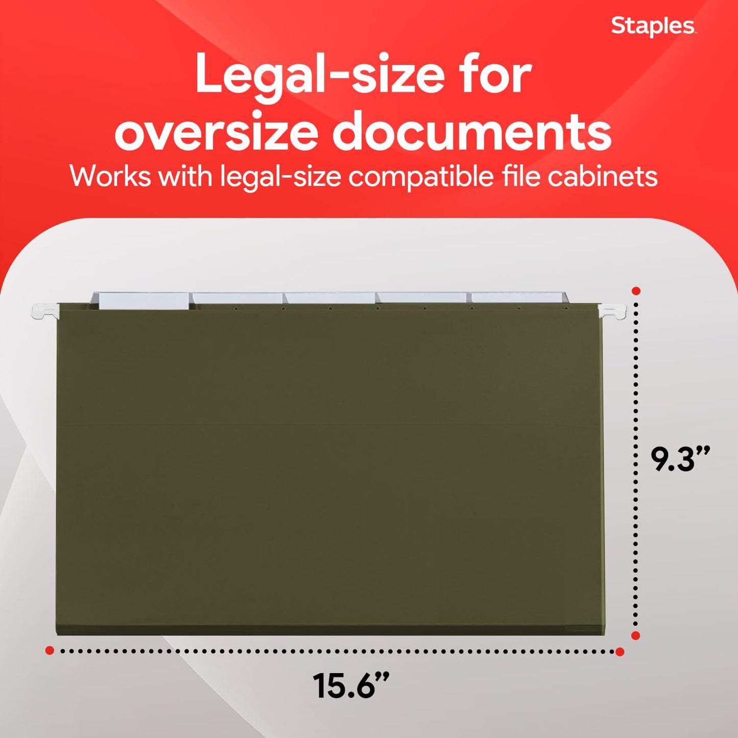 Staples Hanging File Folders, Legal Size, 1/5‑Cut Tabs, Standard Green, Includes Tabs & Paper Inserts – 50/Pack