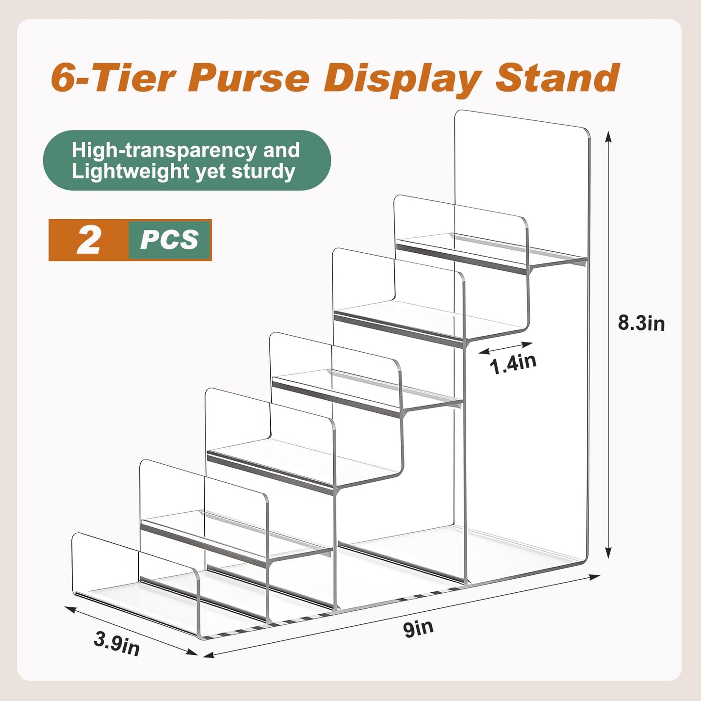 Kathfly 2 Pack 6-tier Acrylic Display Stand for Purses & Wallets, Clear Riser Organizer Shelf for Perfume, Sunglasses, Cosmetics, Multi-Tiered Countertop Vendor Display for Craft Fairs, Retail