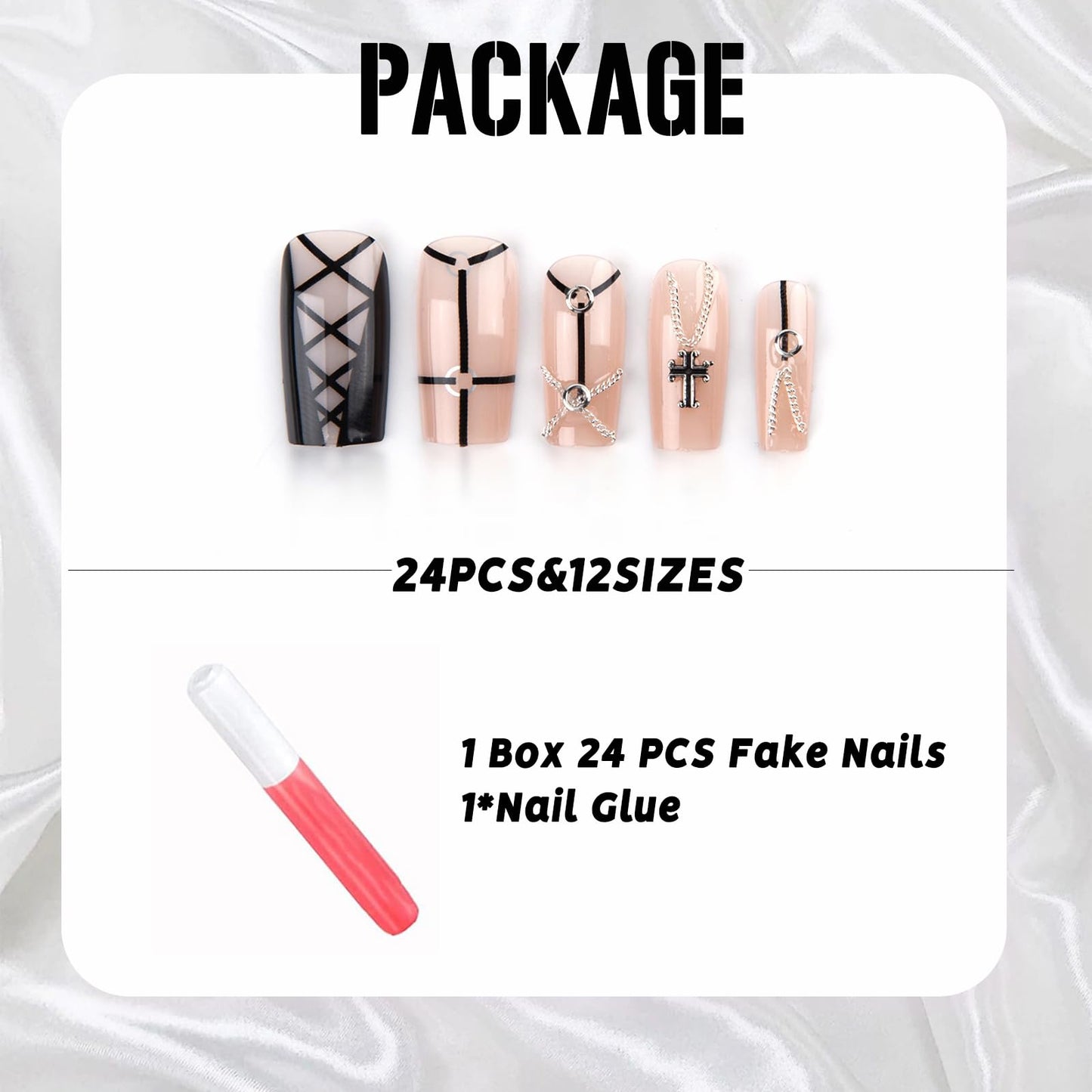 IMSOHOT Press on Nails Square Medium Fake Nails Black Nude Glossy Glue on Nails Full Cover Cute Leather Belt Stick on False Nails with Designs