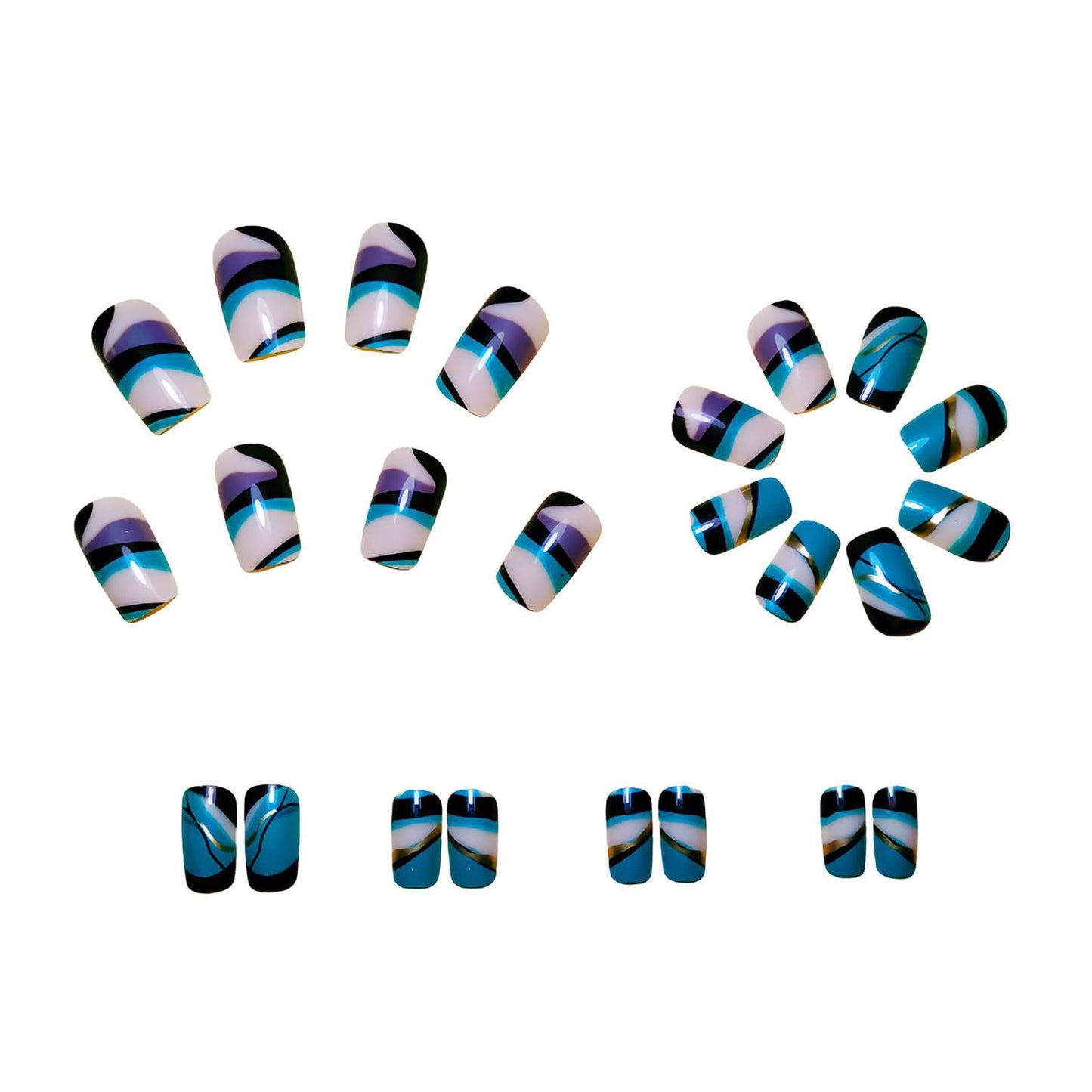 CJDLTS Aurora Green Stripe Design Square False Nails - Glossy Artificial Full Cover Acrylic Coffin Nails - 24Pcs