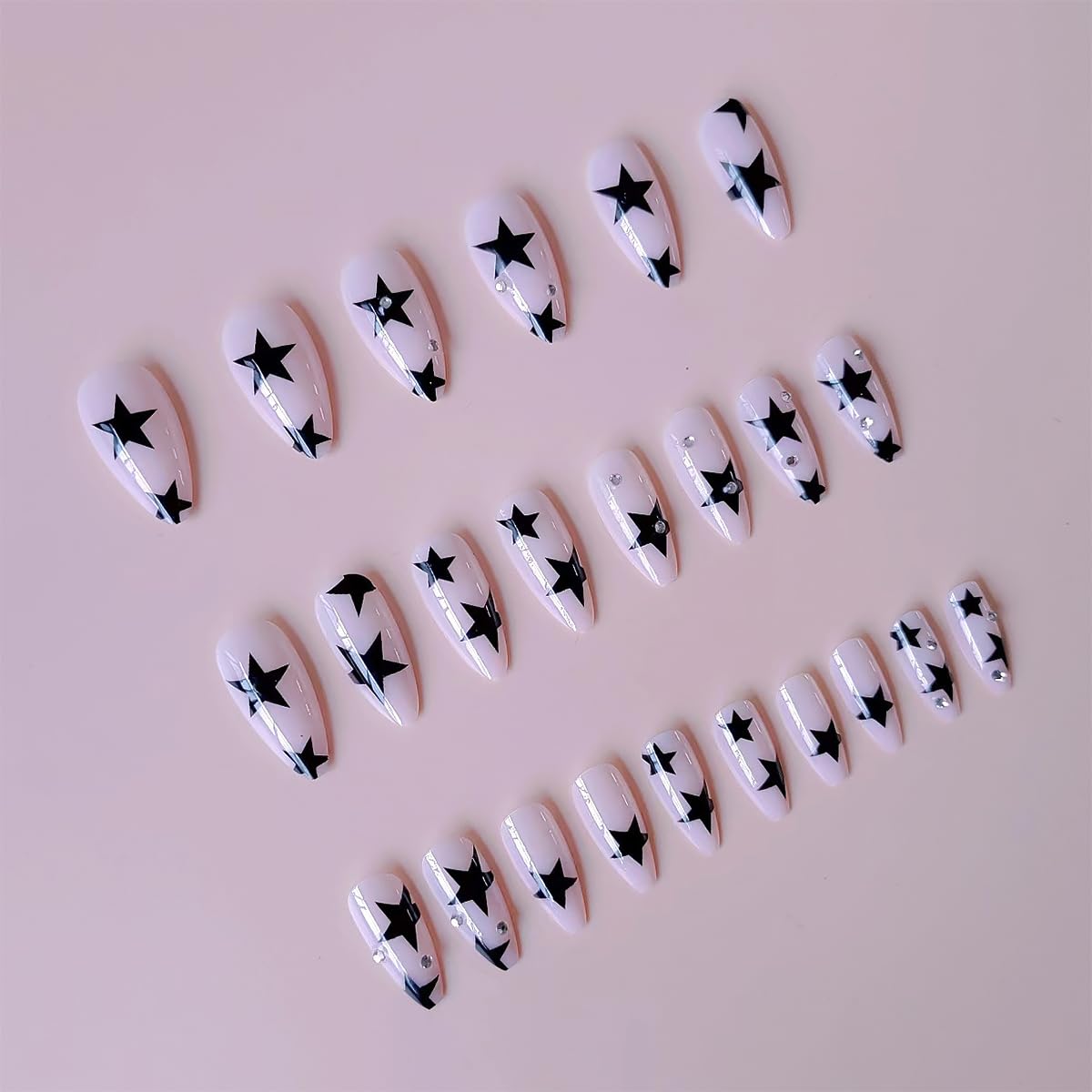 Black Star Press on Nails Medium Almond Fake Nails Nude Pink with Rhinestone Design Stick on Nails Full Cover Acrylic Nails Star False Nails Glitter Luxury Glue on Nails for Women DIY Manicure 24Pcs