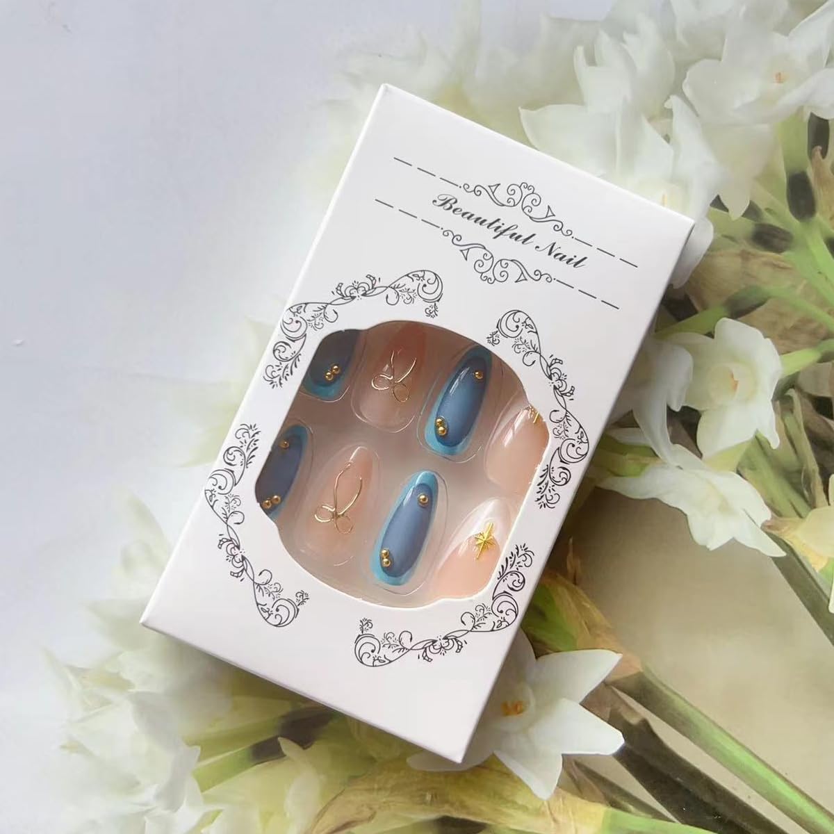 3D Gold Bow Press on Nails Glossy Blue Fake Nails Medium Almond False Nails with Star Design White French Tip Glue on Nails Full Cover Stick on Nails Cute Artificial Nails for Women Manicure 24Pcs