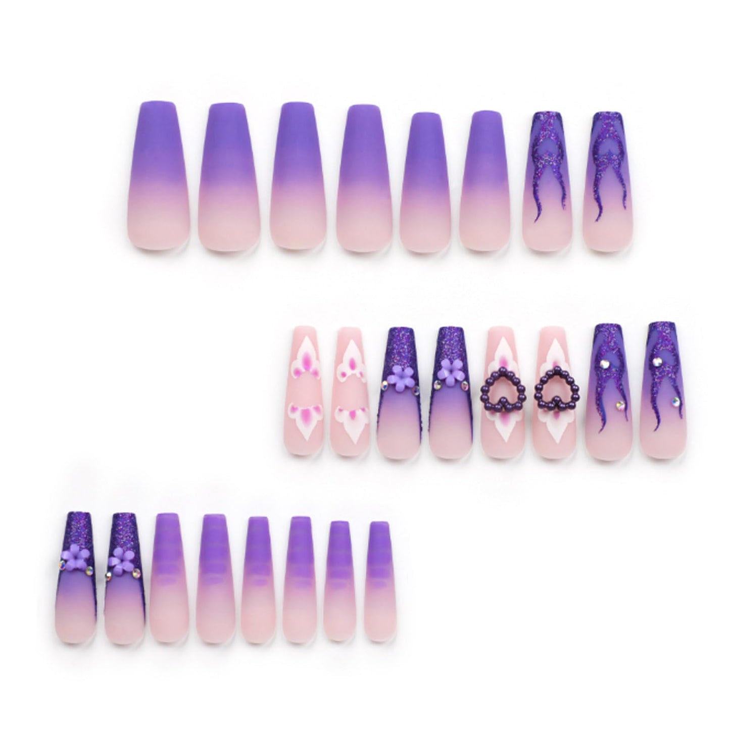 Hkanlre Purple Press on Nails Heart Fake Nails Tips Full Cover False Coffin Long Fire Nails for Women and Girls 24PCS