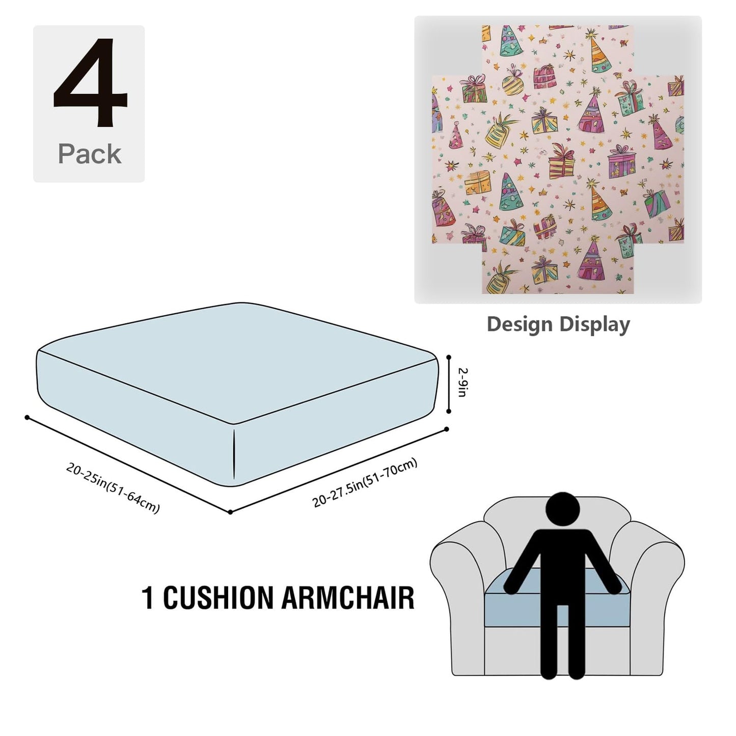 pnyoin Colorfule Gift Box Stretch Individual Seat Sofa Cushion Covers Elastic Couch Cushion Cover Slipcover Sets -4 Piece Sofa Cushion Covers