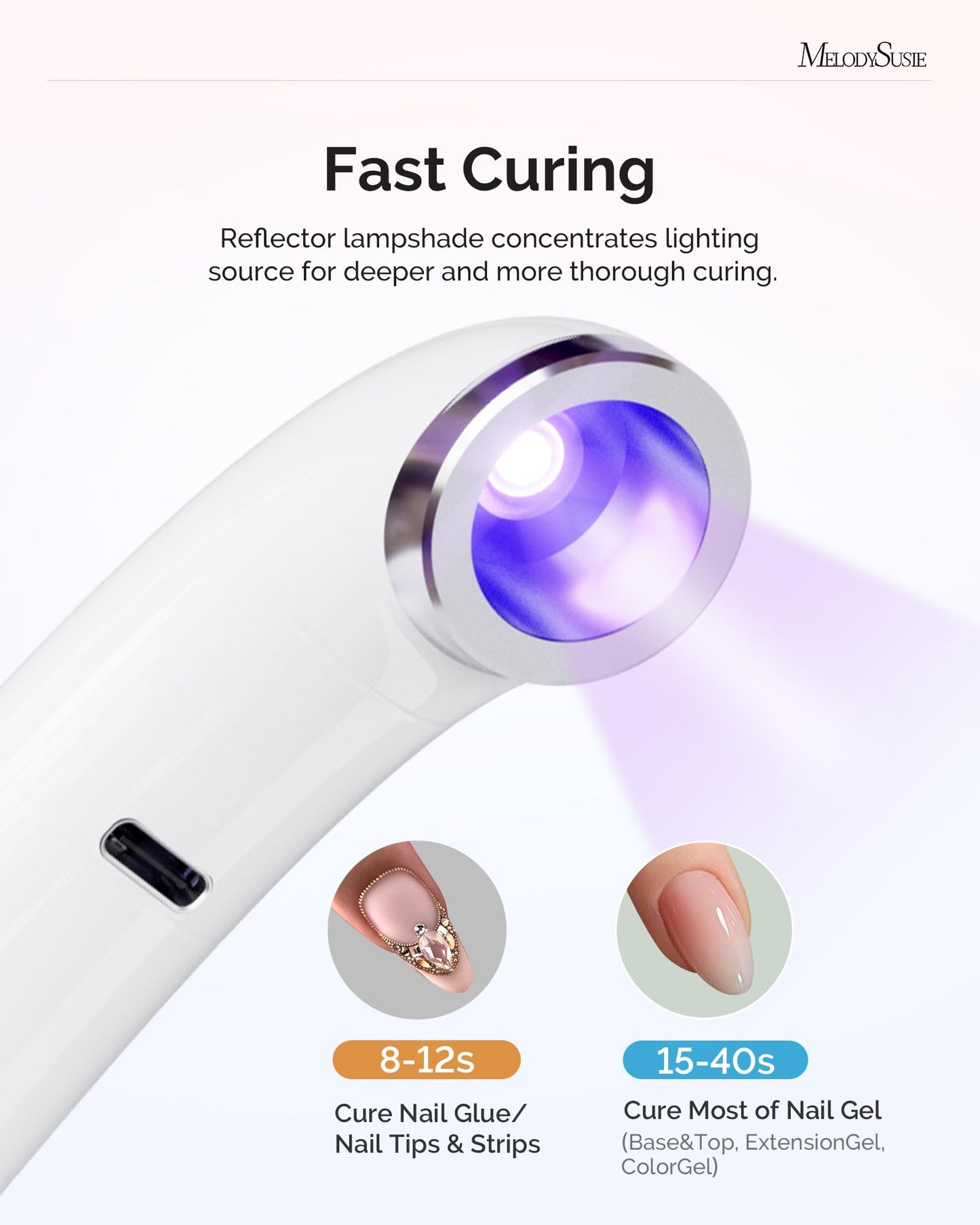 MelodySusie Ergonomic Handheld Cordless UV Nail Lamp with LCD Display & 2 Timers, P-Art01A Rechargeable Mini UV LED Light Flash Cures All Soft Gels, Especially Rhinestone Glue & Liner Gel White