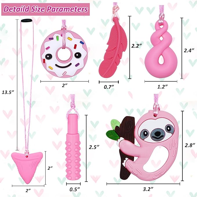 Chew Necklaces Sensory Stim Toys for Kids - 6 Pack, Silicone Chewy Necklaces for Girls Boys Teens Adults with Autism Anxiety ADHD SPD or Other Sensory Needs - Pink