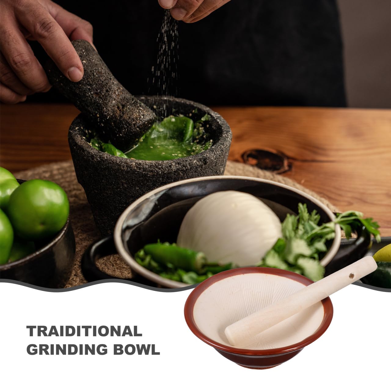 IMIKEYA Japanese Suribachi Mortar and Pestle Set: Ceramic Spice Grinder Bowl with Wooden Pestle for Grinding Seeds, Garlic, Ginger, and Spices