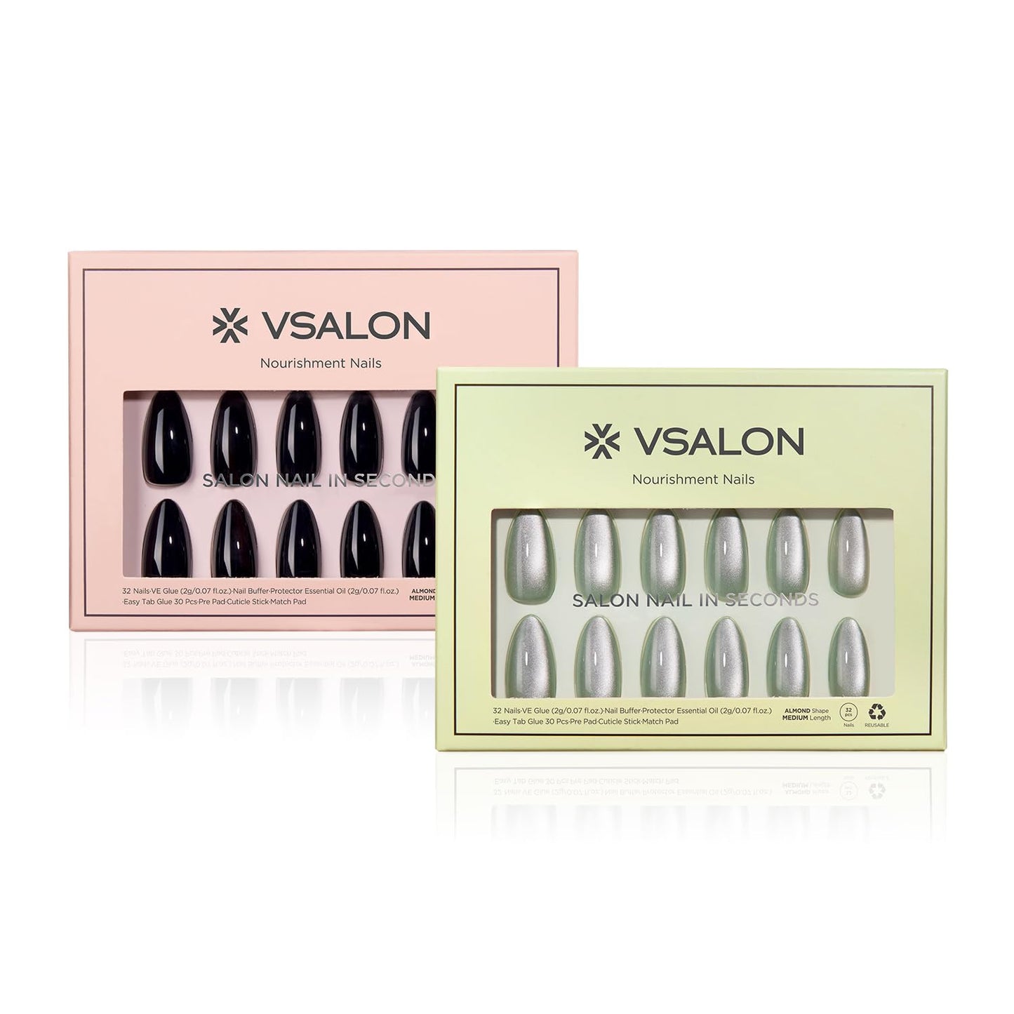 VSALON Press on Nails Medium Almond - Green Cat Eye and Solid Black Glue on Nails, Reusable Soft Gel Fake Nails - 2 Set of 32 PCS