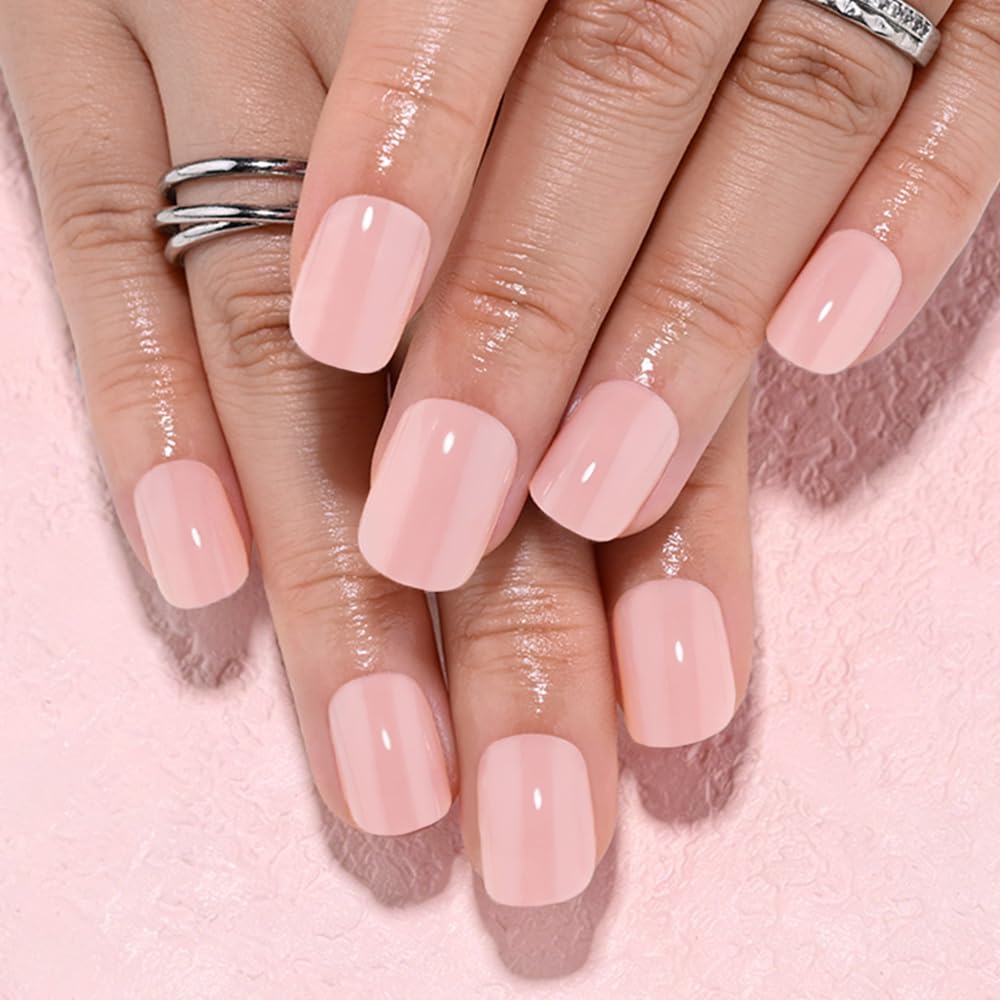 evpct Nude Pink Glossy Squoval Short Press on Nails for Women, Nude Pink Extra Short Squoval No Glue Stick on Nails with Kit, Reusable Full Cover Soft Press on Fake Nail Salon-quality Perfectly Fit