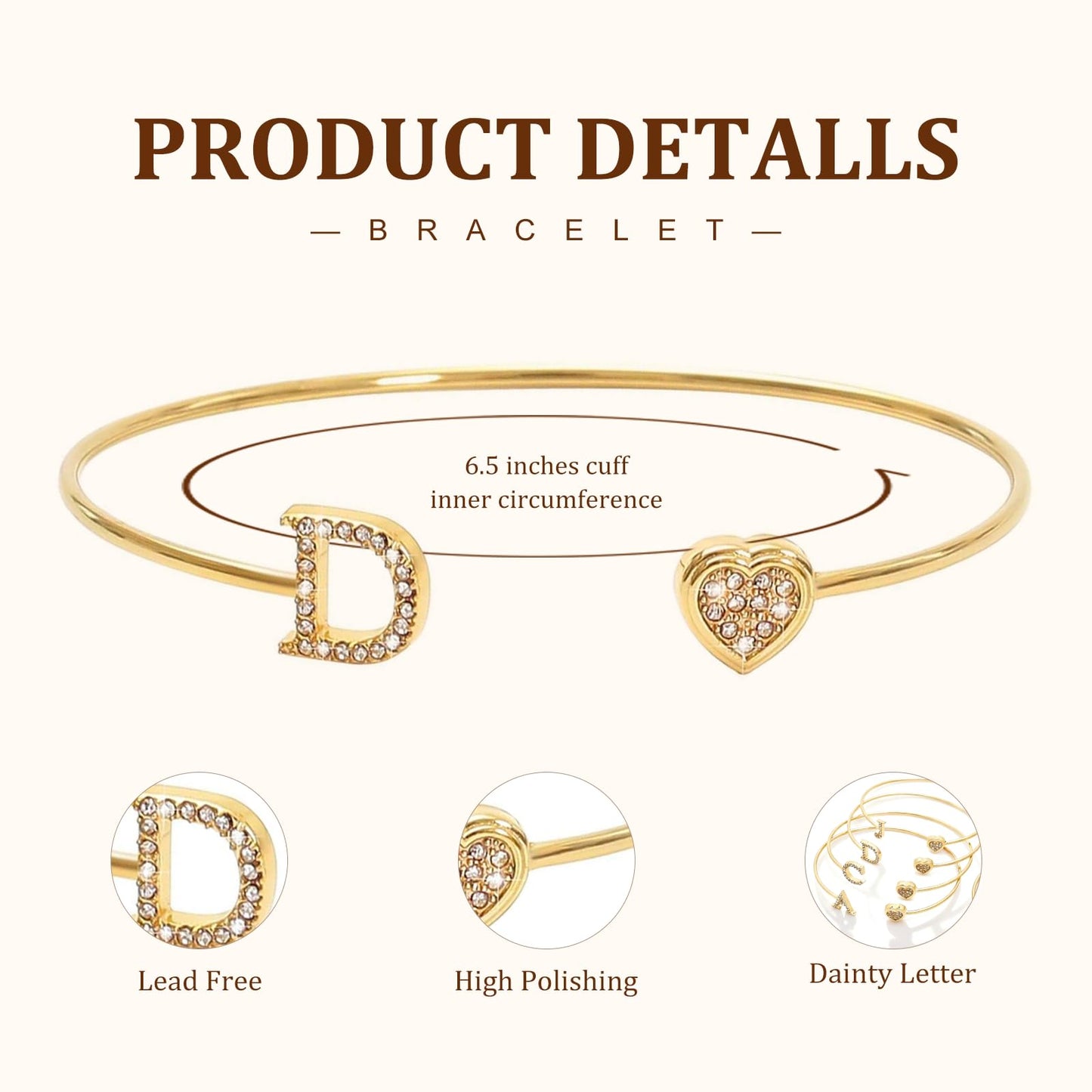 BXDA Trendy Gold Plated Heart Initial D Cuff Bangle Bracelet for Women, Handmade Statement Cubic Zirconia Stackable Open Letter Bracelets Fashion Jewelry Accessories Gift