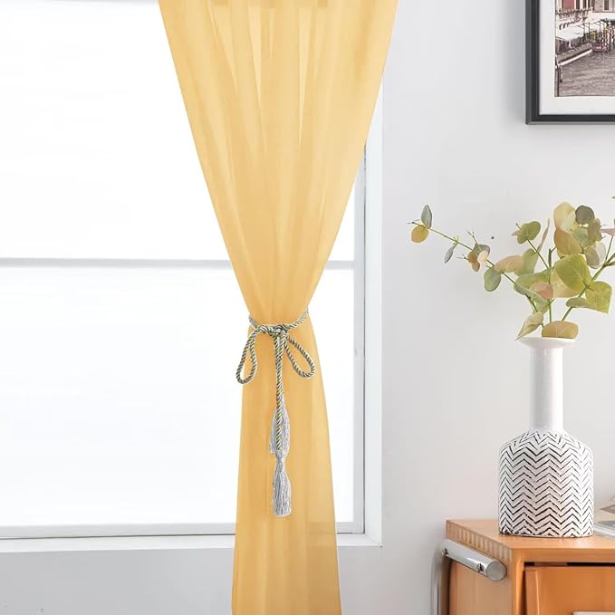 SpaceDresser Basic Rod Pocket Sheer Voile Window Curtain Panels Gold 1 Pair 2 Panels 52 Width 84 Inch Long for Kitchen Bedroom Children Living Room Yard（Gold, 52W x 84L）