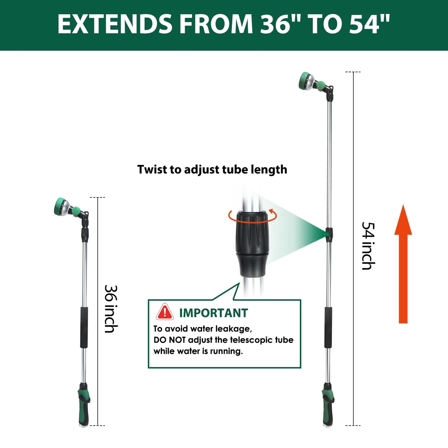 Seatern Telescoping Watering Wand for Garden Hose, 36”-54” Adjustable, 10 Spray Patterns, Heavy-Duty Hose Nozzle with Thumb Control & Pivoting Head, Ideal for Hanging Baskets and Shrubs, Green