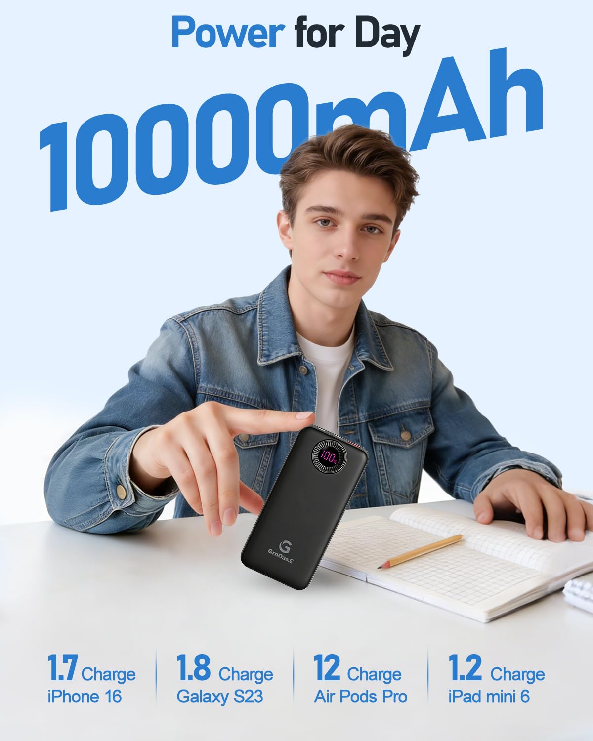 GrnOas.E Power Bank,10000mAh 22.5W Max Portable Charger Built in Cables，4 Outputs 2 Inputs External Phone Powerbank,5V/3A Fast Charging Travel Charger for iPhone Android iPad,(Pearl Black)