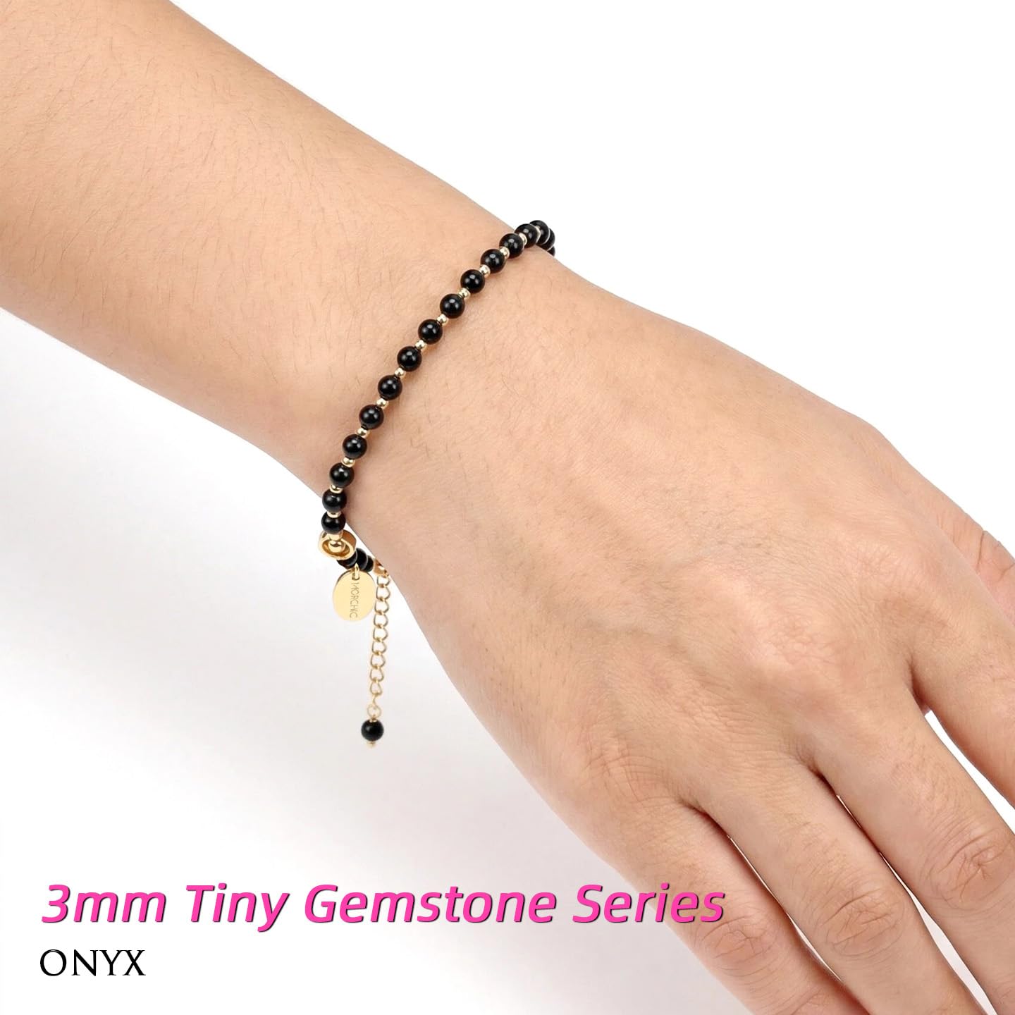 Morchic 3mm Black Onyx Natural Gemstone Beaded Bracelet for Women, Dainty Tiny Charm Jewelry, Adjustable 7.1-8.6", Ideal Birthday Holiday Gift