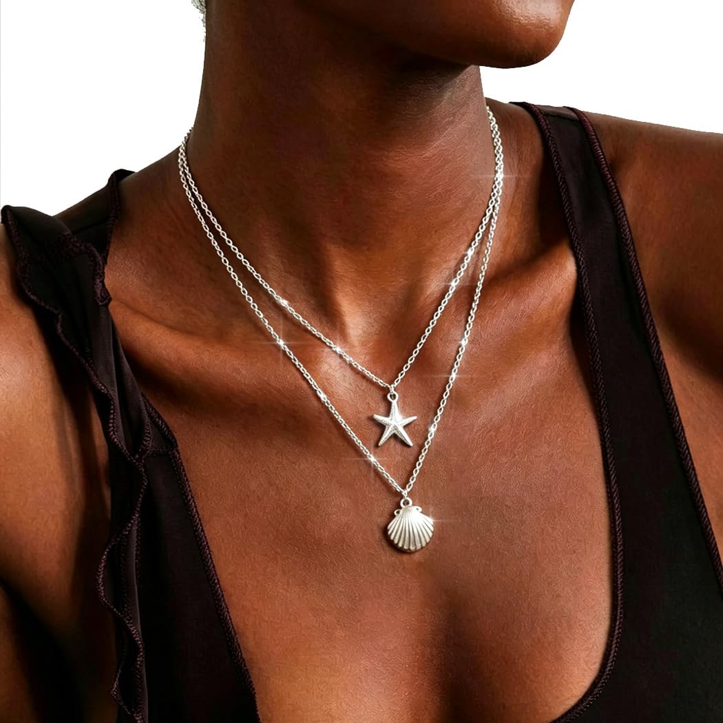 Tgirls Boho Starfish Layered Necklace Shell Pendant Necklace Silver Necklaces Chain for Women (Silver)