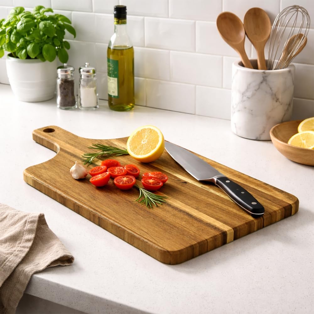 Premium Acacia Wood Cutting Board with Handle, 13.8"X7.1" Cutting Boards for Kitchen, Small Cutting Board for Cheese & Meat, Charcuterie Boards, Wooden Trays, Kitchen Gifts (5Pcs)