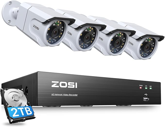 ZOSI 8CH 4K PoE Security Camera System with Audio, 4pcs 8MP Outdoor Indoor PoE Cameras, Color Night Vision, Human Detection, Spotlight Siren, 4K 8Channel CCTV NVR with 2TB HDD for Home 24/7 Recording