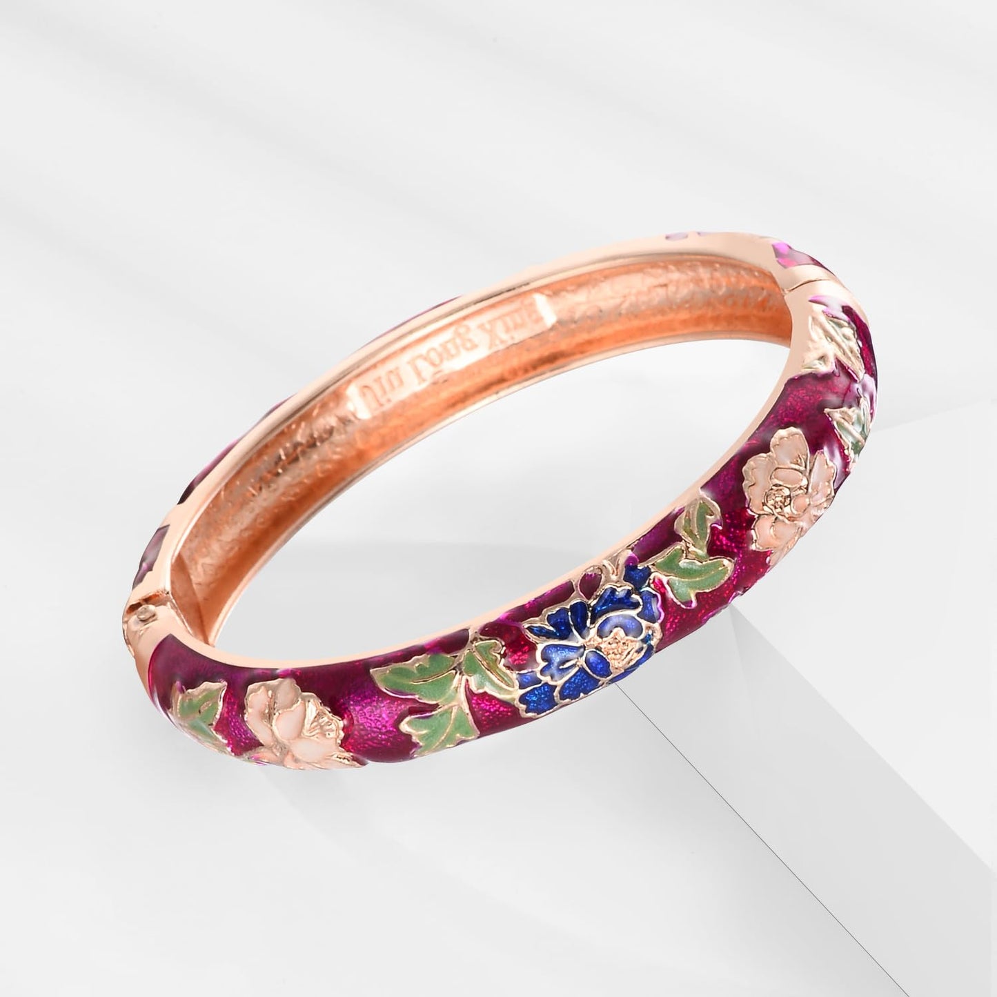 UJOY Gorgeous Bracelet Enameled Jewelry Spring Hinge Metal Cuff Cloisonne Rose Gold Bangles Set Gift Box Packed 55A113-55A128 Purple