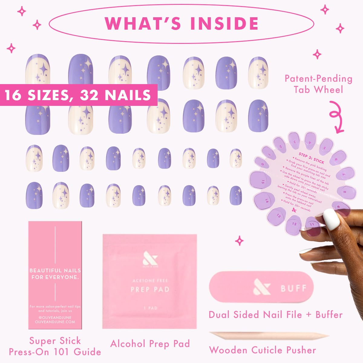 Olive & June Classic Super Stick Mani Press On Nails | No Glue Needed | 32 Tab Nails 16 Sizes | Non-Toxic Tabs Easy On-Off Non-Damaging Realist Look | 7-Day Wear | Short, Round | Mixed Purple Sparkle
