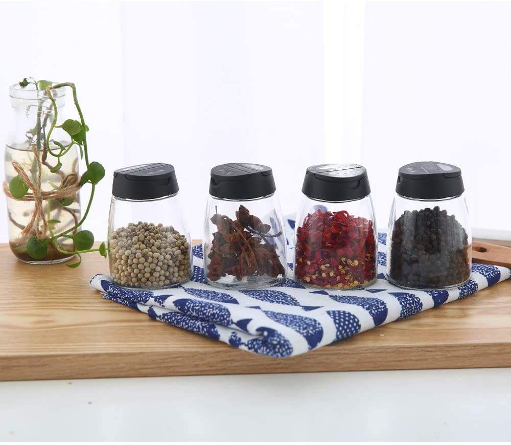 Glass Spice Jars, Double Lids Seasoning Shakers Glass Bottles Spice Shakers Sifter Barbecue Salt & Pepper Shaker Container (4PCS）
