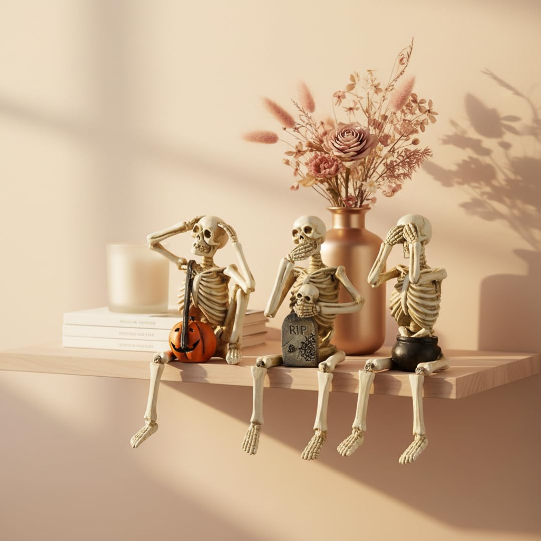 Set of 3 Skeleton Shelf Sitters – Halloween “See No Evil, Speak No Evil, Hear No Evil” Figurines – Gothic Skull Decoration with Legs Dangling – Spooky Funny Shelf Decor for Home, Party, Office