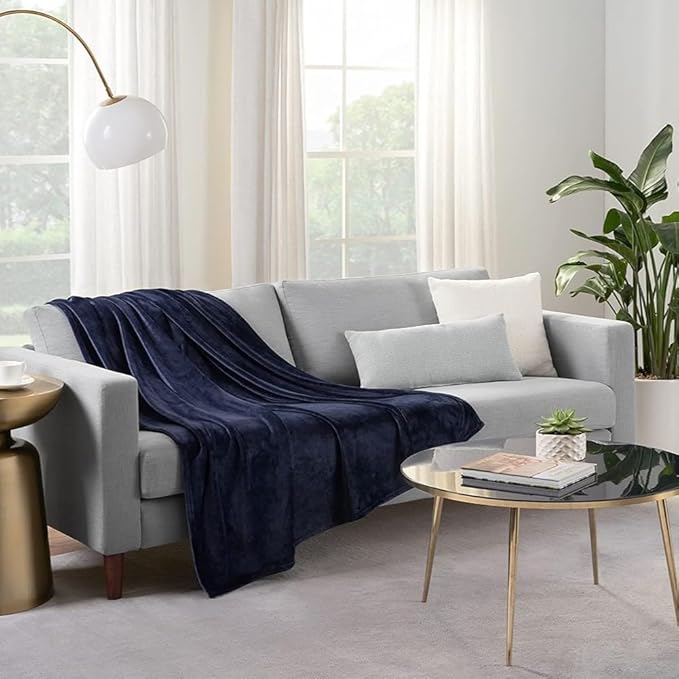 Serta Cozy Plush Thick Fuzzy Soft Throw Blanket for Bed and Couch, 90 in x 90 in, Navy