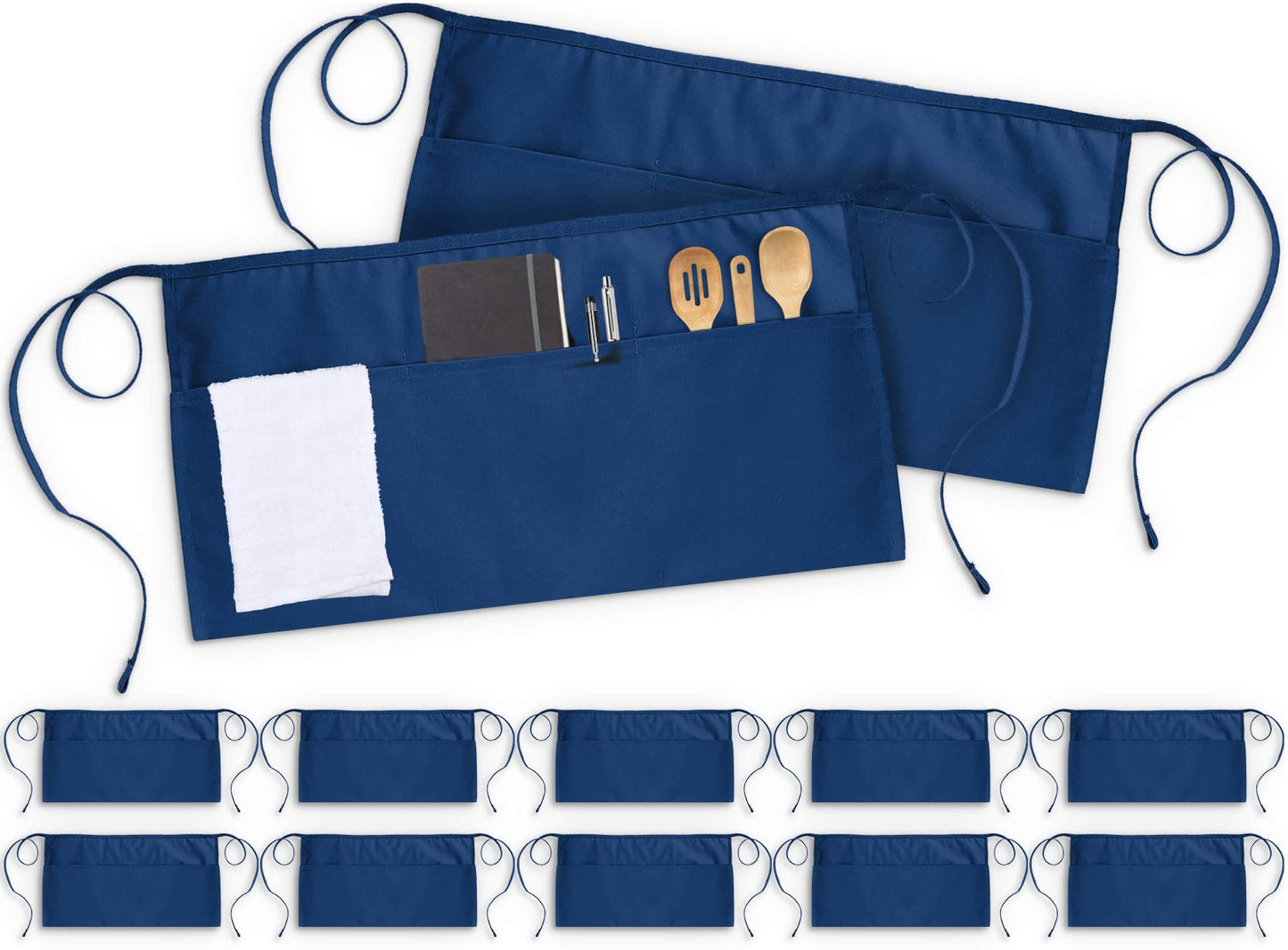Utopia Wear 12 Pack Server Aprons with 3 Pockets, Waiter and Waitress Waist Aprons for Women with Pockets, Men Short Aprons (Blue)