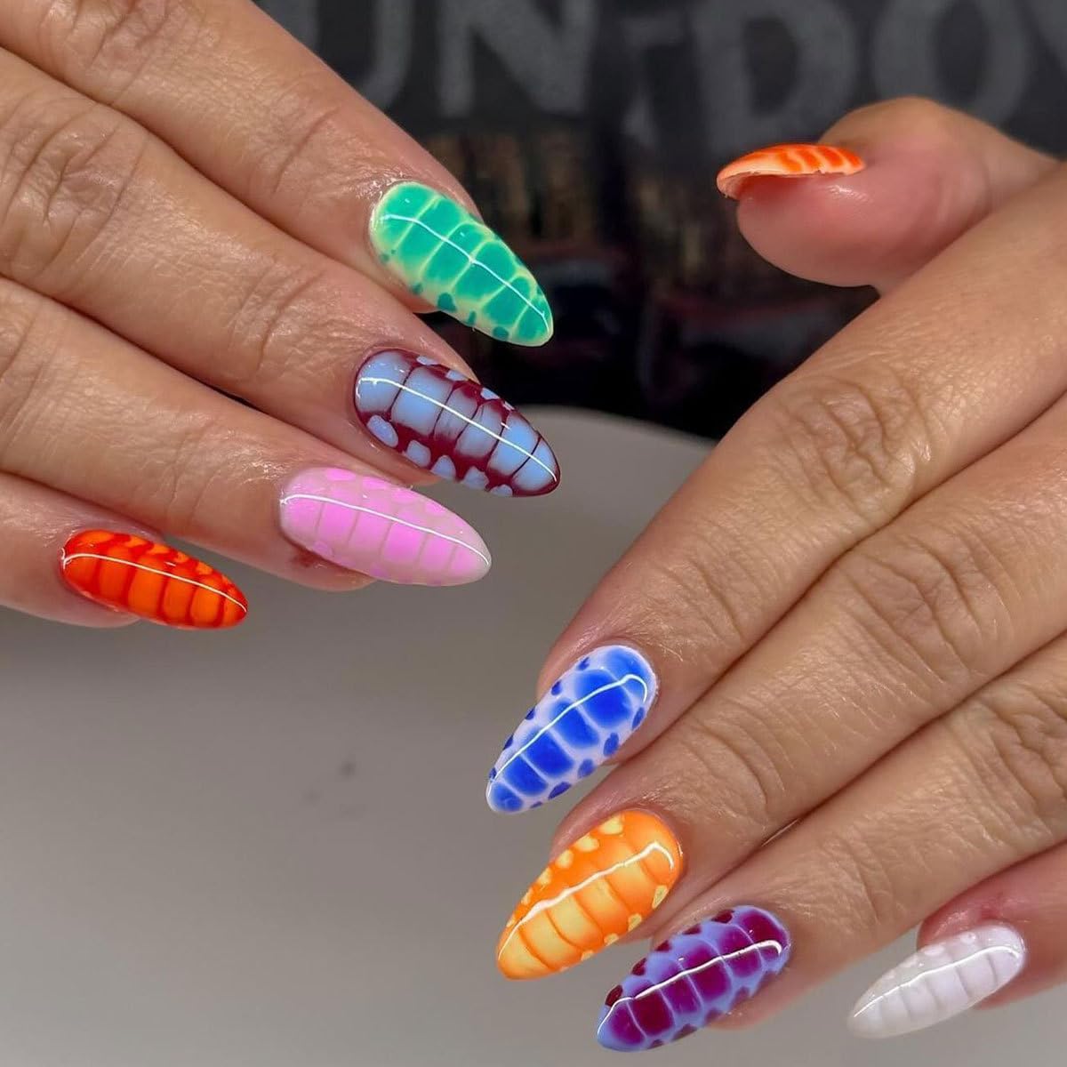 plalely Long Press on Nails Almond, Acrylic Press on Nails with Flower Designs, Long Almond Nail Tips for Women 24pcs