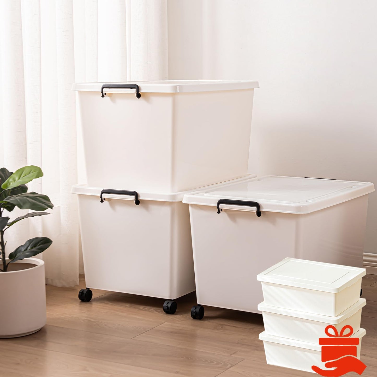 Duufiell 3 Extra Large Storage Bin with 4 Quiet 360° Swivel Casters - 55cm Tall Heavy Duty Organizer with Snap-On Lid, Dust-Proof Moisture-Proof, Stackable Design for Living Room, Bedroom, Study