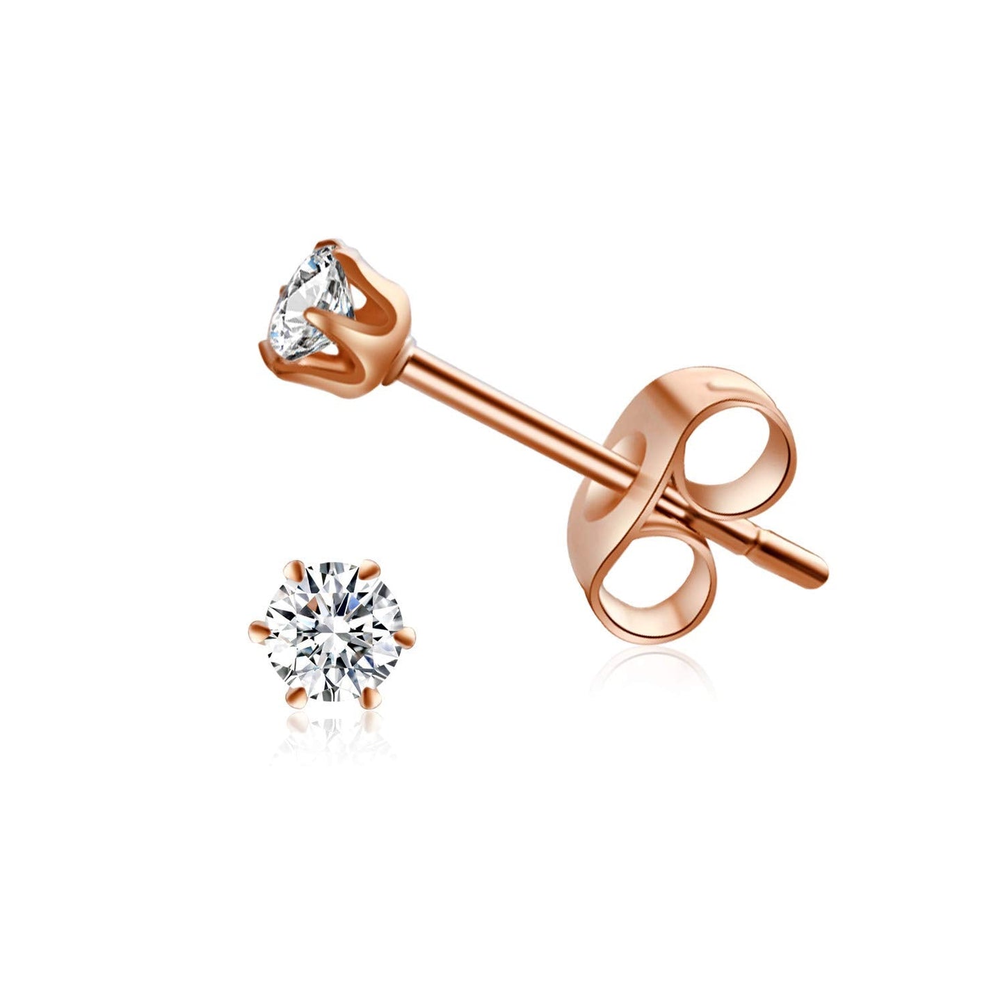 FOSIR 6 Pairs 3mm Tiny Women's 14K Rose Gold Plated Stainless Steel Round Clear Cubic Zirconia Stud Earrings