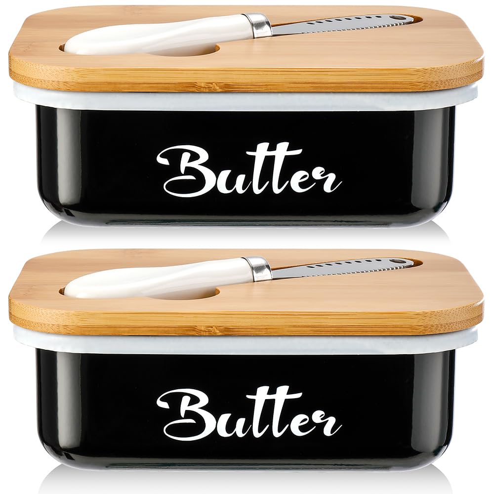Butter Dish with Lid for Countertop, AISBUGUR Metal Butter Keeper with Stainless Steel Multipurpose Butter Knife, Butter Container with Double High-quality Silicone Good Kitchen Gift Set of 2 Black