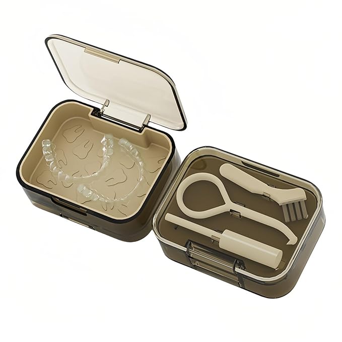Retainer and Aligner Case - Double Layer with Double Sided Opening Lid, Mouthguard & Night Guard Storage Cleaning Case, with Removal Tool, Brush and Chewer (Brown)