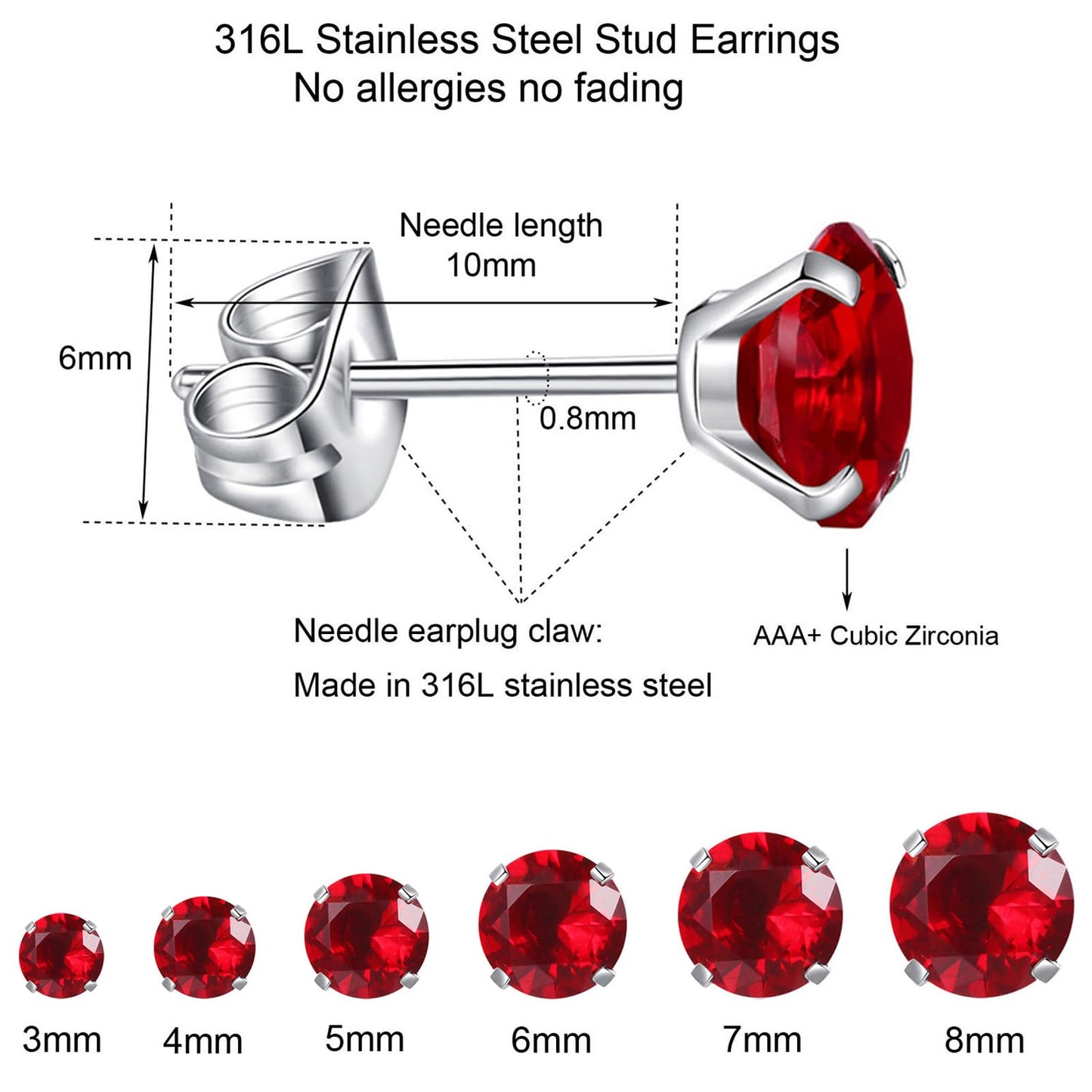 6 Pairs Stud Earrings Set, Hypoallergenic Cubic Zirconia Earrings 316L Stainless Steel CZ Earrings 3-8mm (Red CZ)