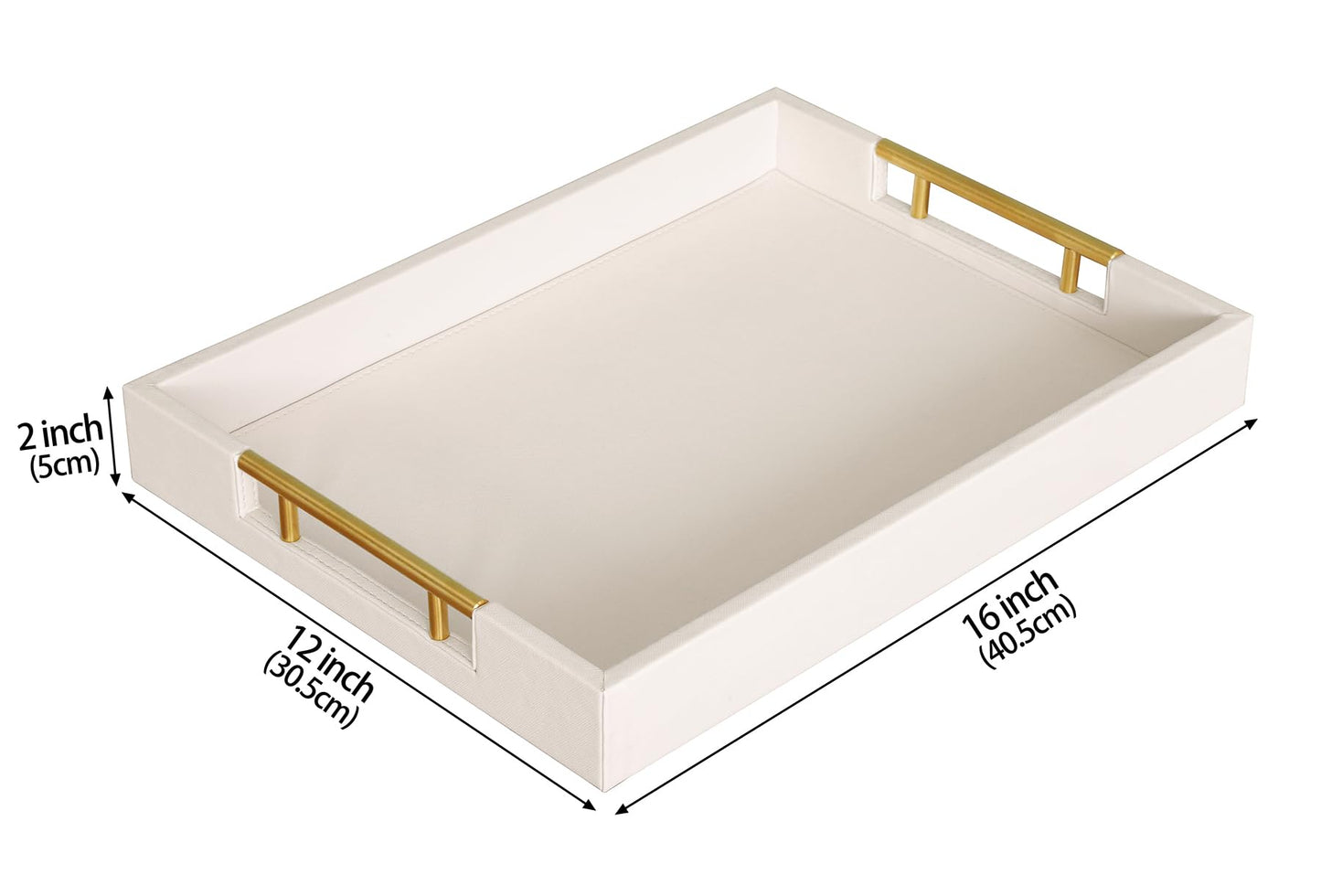 HofferRuffer Faux Leather Serving Tray with Gold Metal Handles, Stylish Decorative Tray Organizer for Coffee Table, Ottoman, Home Decor and Serving (CreamWhite, 16.2" x 12.2" x 2")