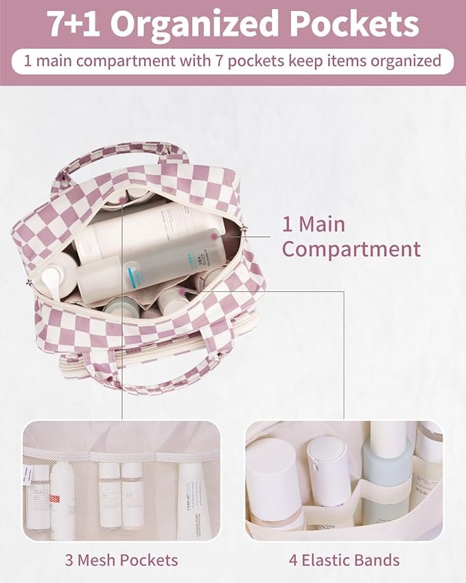 Narwey Large Travel Toiletry Bag for Traveling Women, Cosmetic Makeup Bag Make Up Organizer, Checkered Travel Bag for Toiletries with Handle (Dusty Rose Checkerboard)