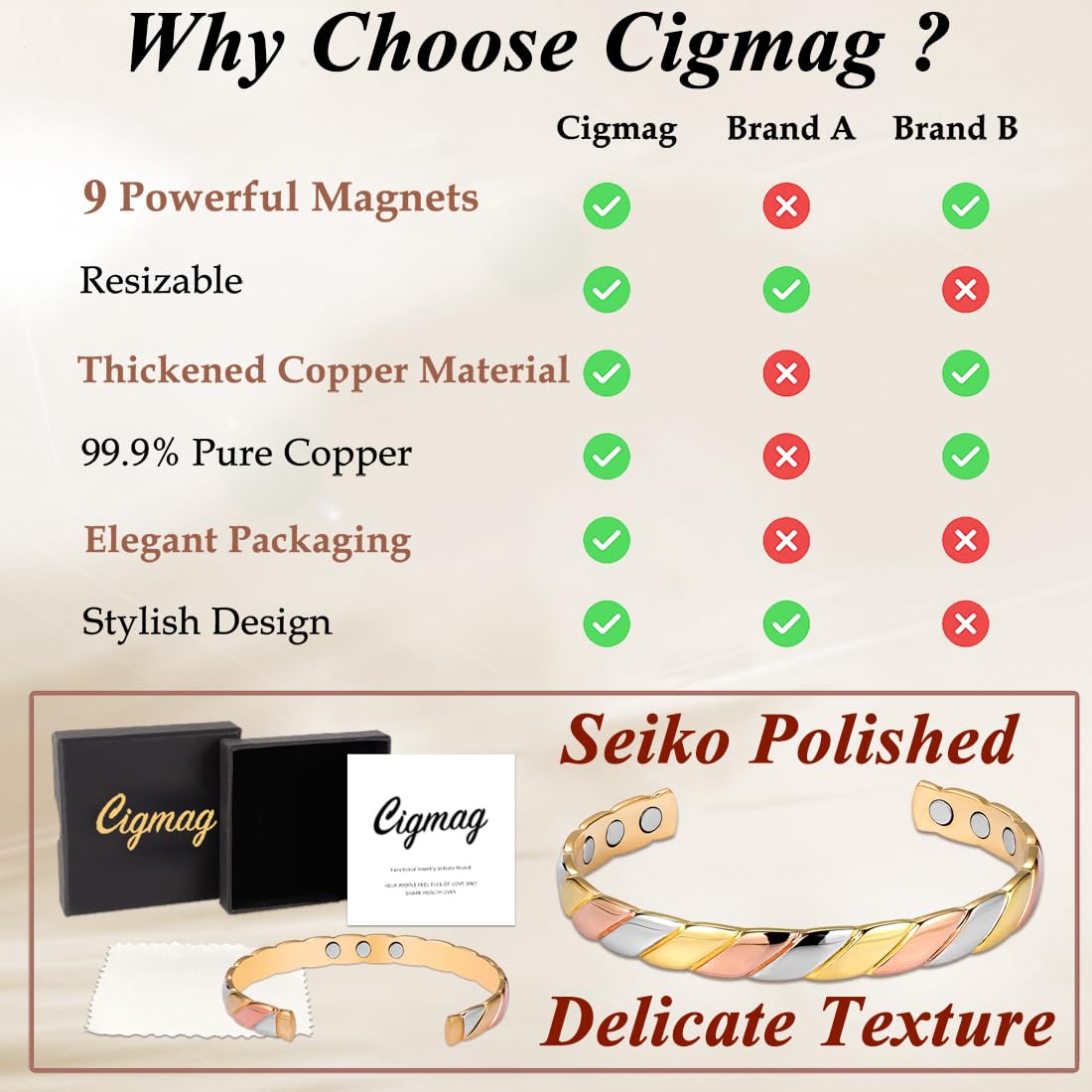 Cigmag Copper Bracelets for Women Pure Copper Bracelet Cuff Bangle Strength Magnet Adjustable