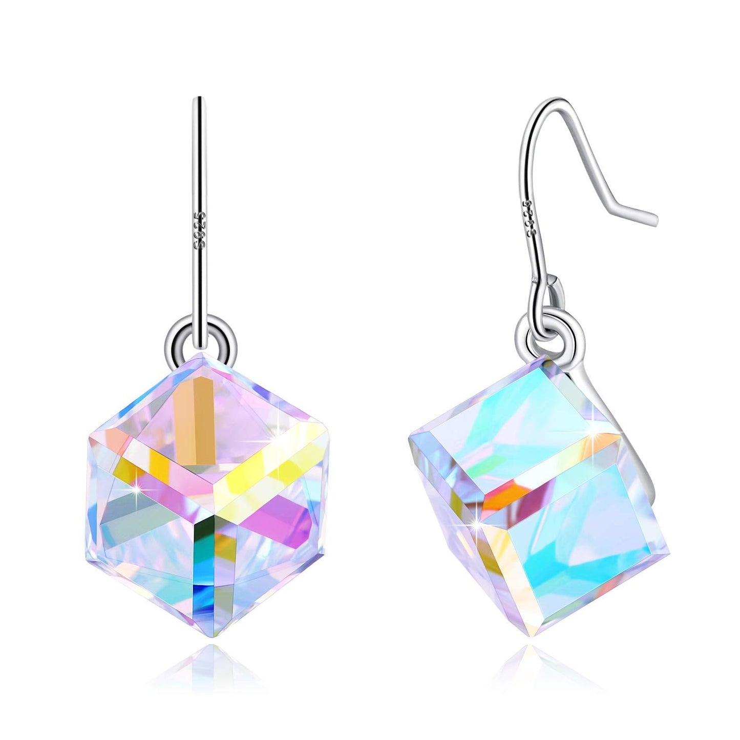 PLATO H S925 Sterling Silver Aurora Cube Earrings Crystals for Women with Exquisite Unique Gift Box Dainty Jewelry for Anniversary Valentine's Mother's Day