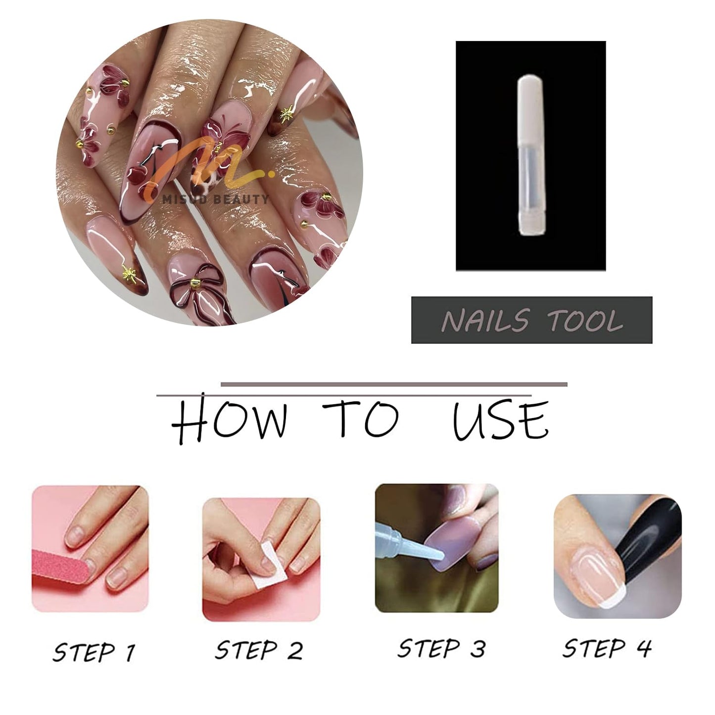 MISUD Press on Nails - Medium Almond Glue on Nails with Fall Brown, Acrylic Autumn Flower Design 24 pcs