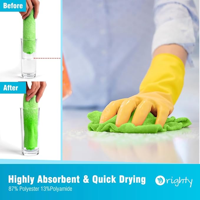 Orighty Microfiber Cleaning Cloth, 24 Pack Highly Absorbent Cleaning Supplies, Reusable Clean Rags for House, Microfiber Cloth for Kitchen, Window, Car Care, 11.5x11.5 inch Green