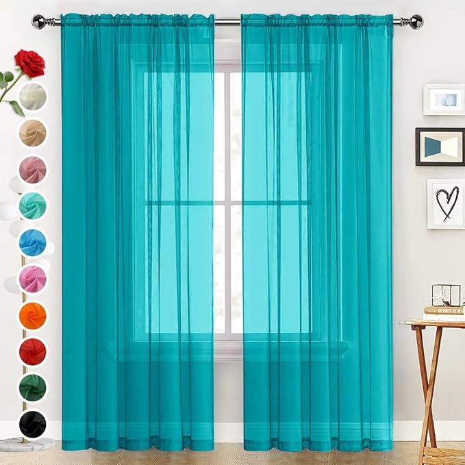 SpaceDresser Sheer Voile Window Treatment Rod Pocket Curtain Panels for Kitchen Bedroom Living Room Drapes Sunlight Filtering Privacy Semi Home Decor Assorted (Peacock Blue, 52 W x 72 L)