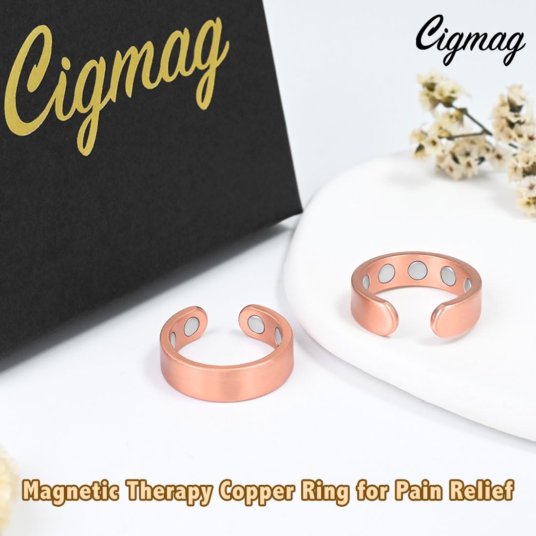 Cigmag 9X Copper Rings for Women Men, with Powerful Magnets, Adjustable Solid Pure Copper (Matte)